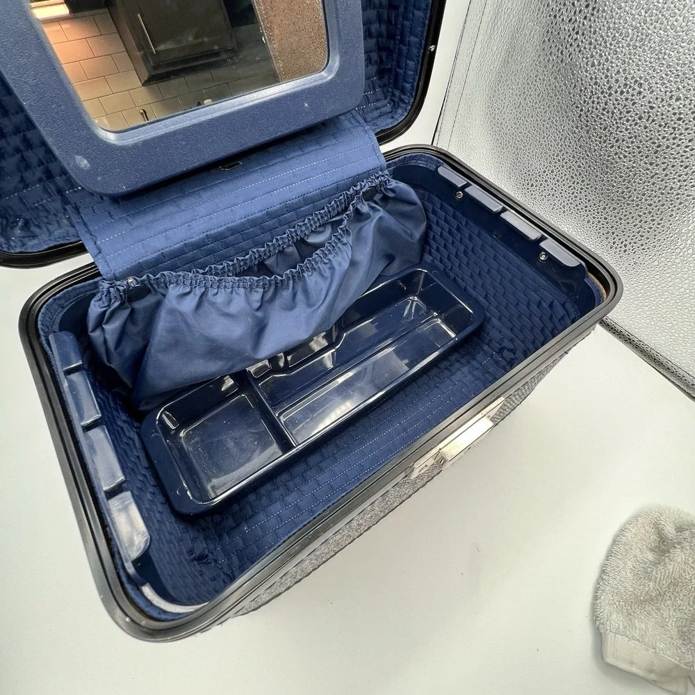 Blue Tweed Cloth Vanity Train Travel Case Inside Tray Pop-up Mirror